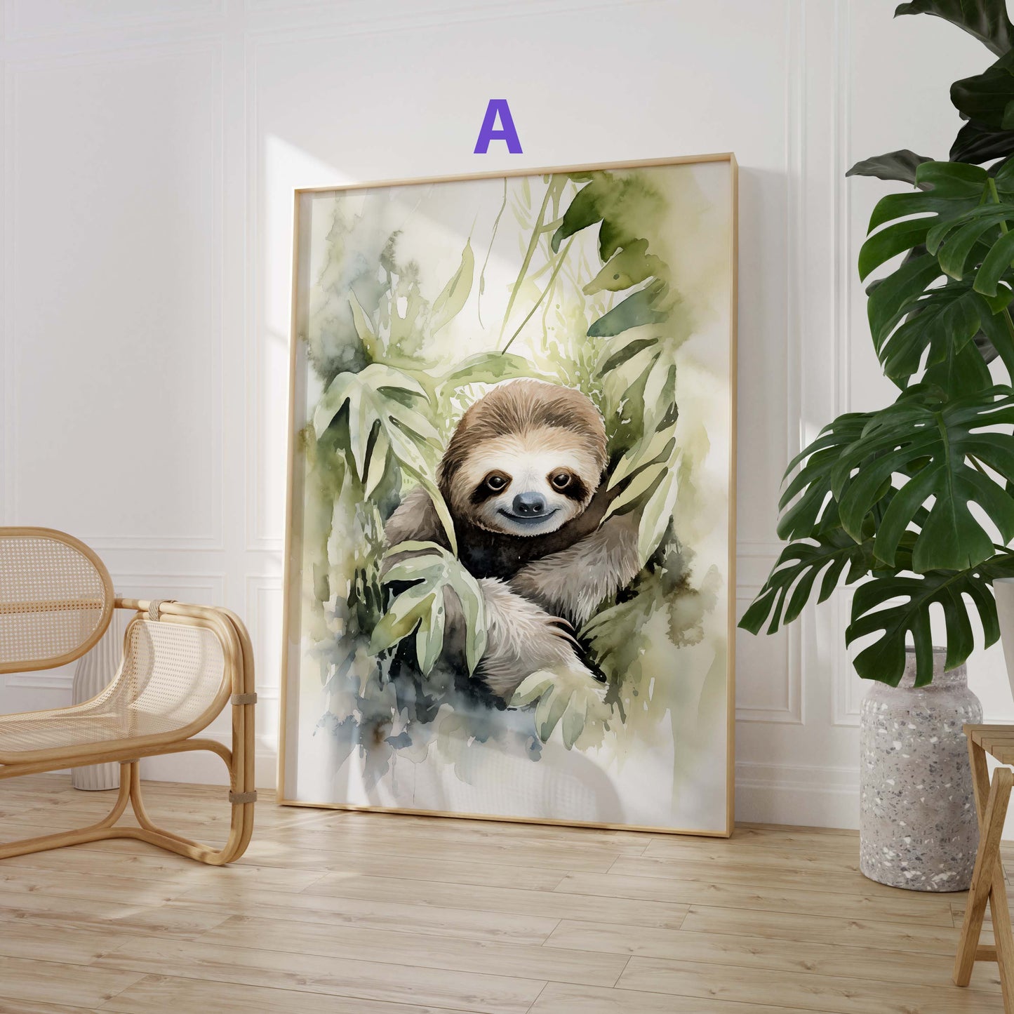 Safari Dschungel Poster · Geschenkidee · Faultier, Elefant und Tropische Pflanzen · Wohnzimmer Dekoprint ohne Rahmen