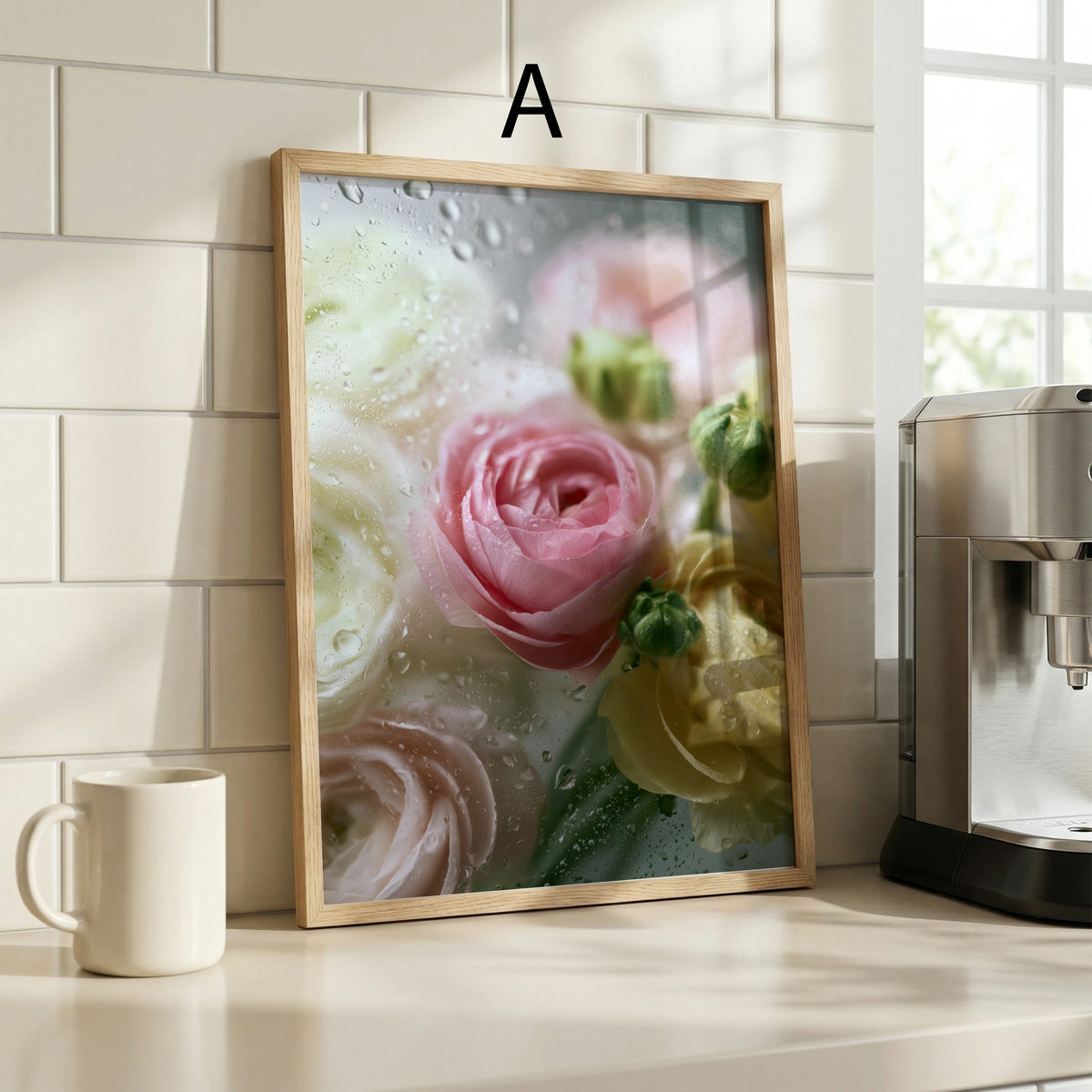 Blumen Poster · Geschenkidee · Rosen Ranunkeln hinter nassem Glas · Dekoprint ohne Rahmen