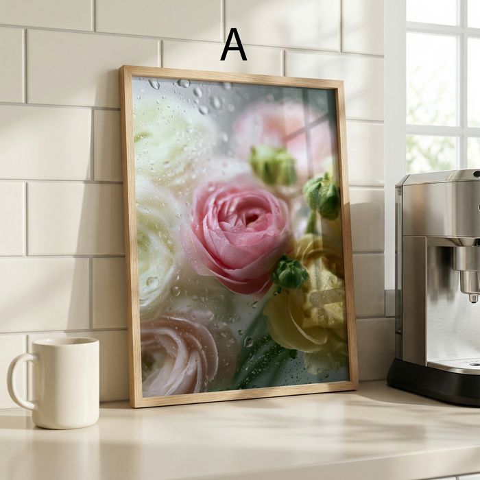 Geschenkidee · Rosen und Ranunkeln hinter Glas Poster Ästhetische Natur Fotografie · Dekoprint ohne Rahmen | JUSTGOODMOOD