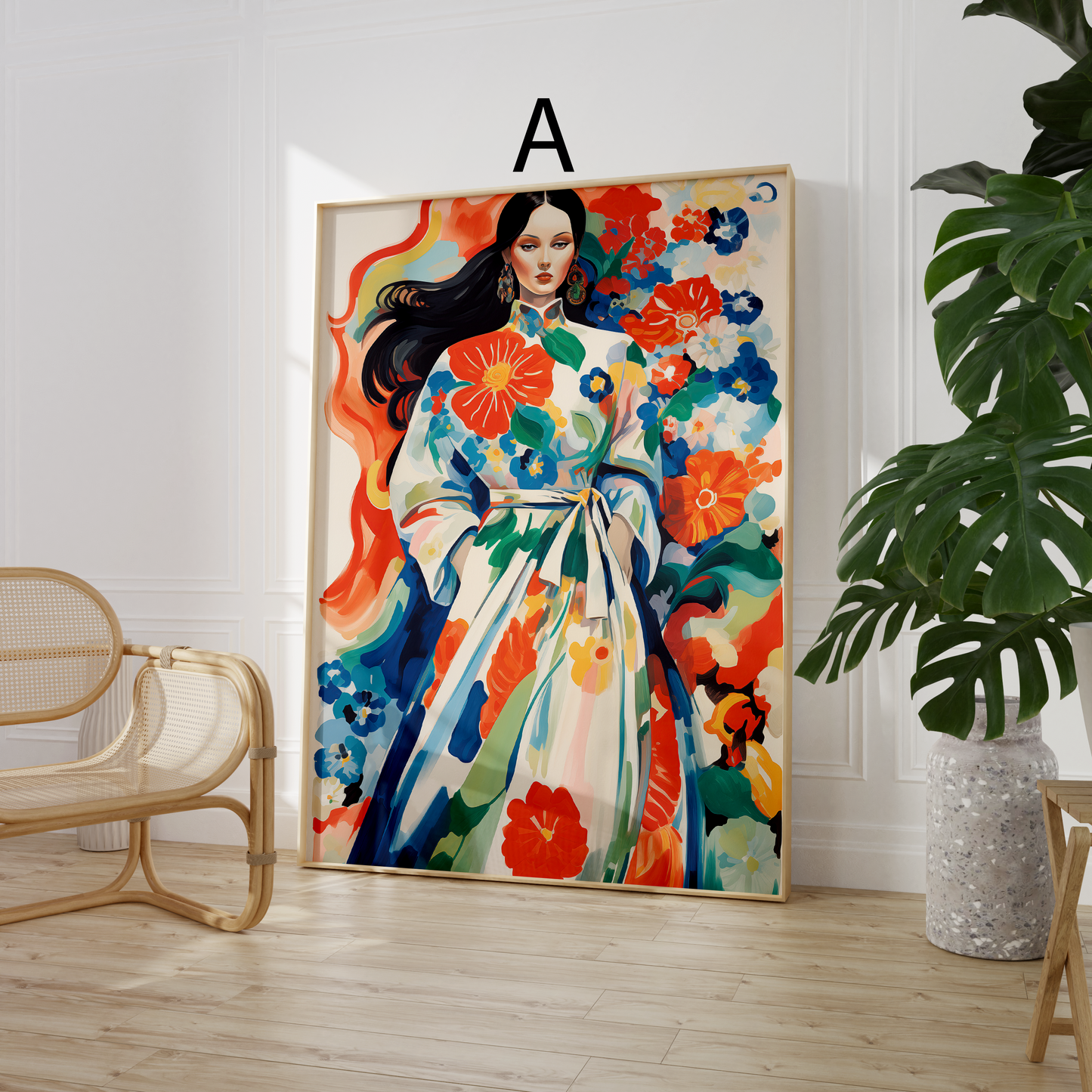 Moderne Kunst Poster · Geschenkidee · Elegante Frau mit Blumenkleid und Farbenfrohe Blumenkunst · Dekoprint ohne Rahmen