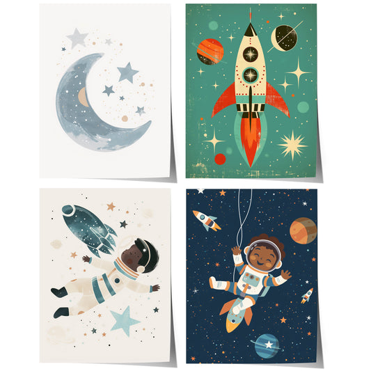 Astronaut Poster Kinderzimmer · Geschenkidee für Kinder · Kinderzimmer Deko  · Weltraum Rakete & Planeten · Deko Print ohne Rahmen
