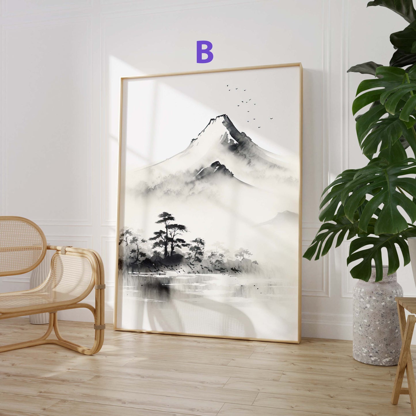 Japan Poster · Geschenkidee · Zen Kalligrafie Fuji Geisha und Lotusblüten · Dekoprint ohne Rahmen