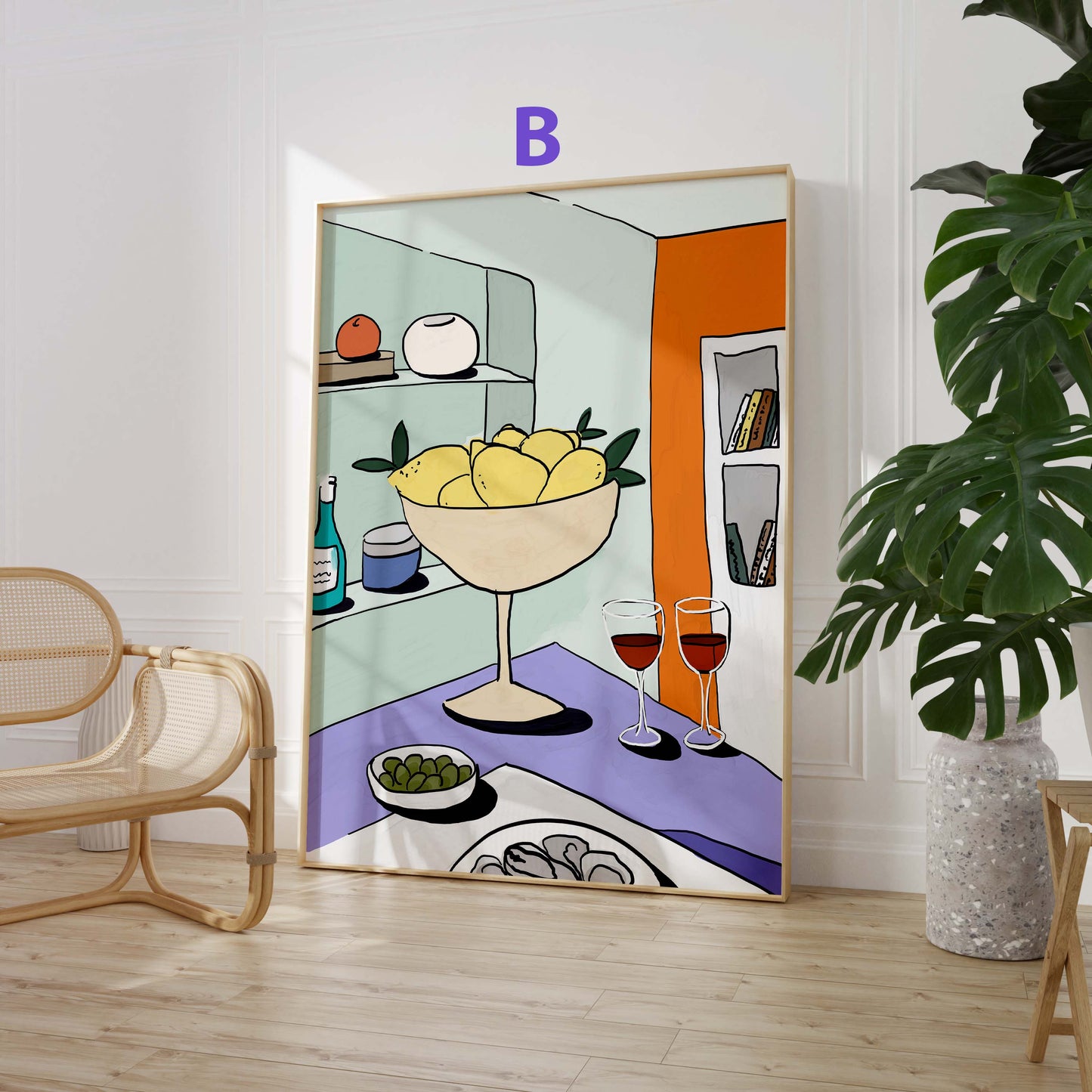 Mediterrane Zitronen Poster · Geschenkidee · Blaue Fliesen, Zitronen und mediterrane Kunst · Dekoprint ohne Rahmen
