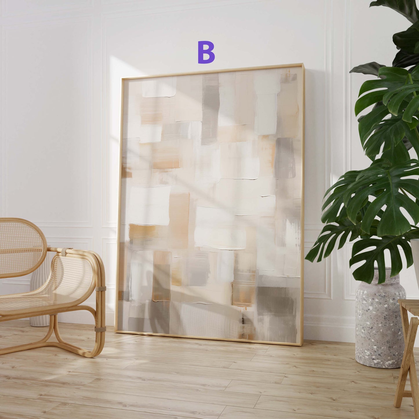 Abstrakte Beige Naturtöne Poster · Geschenkidee · Geometrische Formen und Fließende Aquarellstrukturen in Moderner Wandkunst · Dekoprint ohne Rahmen