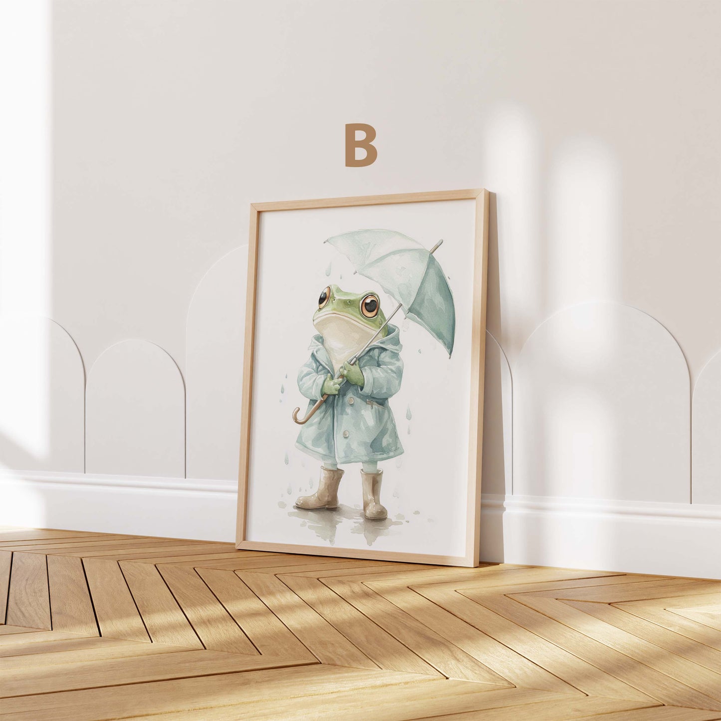 Süßer Regen Tag Tier Poster · Geschenkidee · Aquarell Waldtier Illustration mit Regenschirm · Kinderzimmer Wanddeko · Print ohne Rahmen