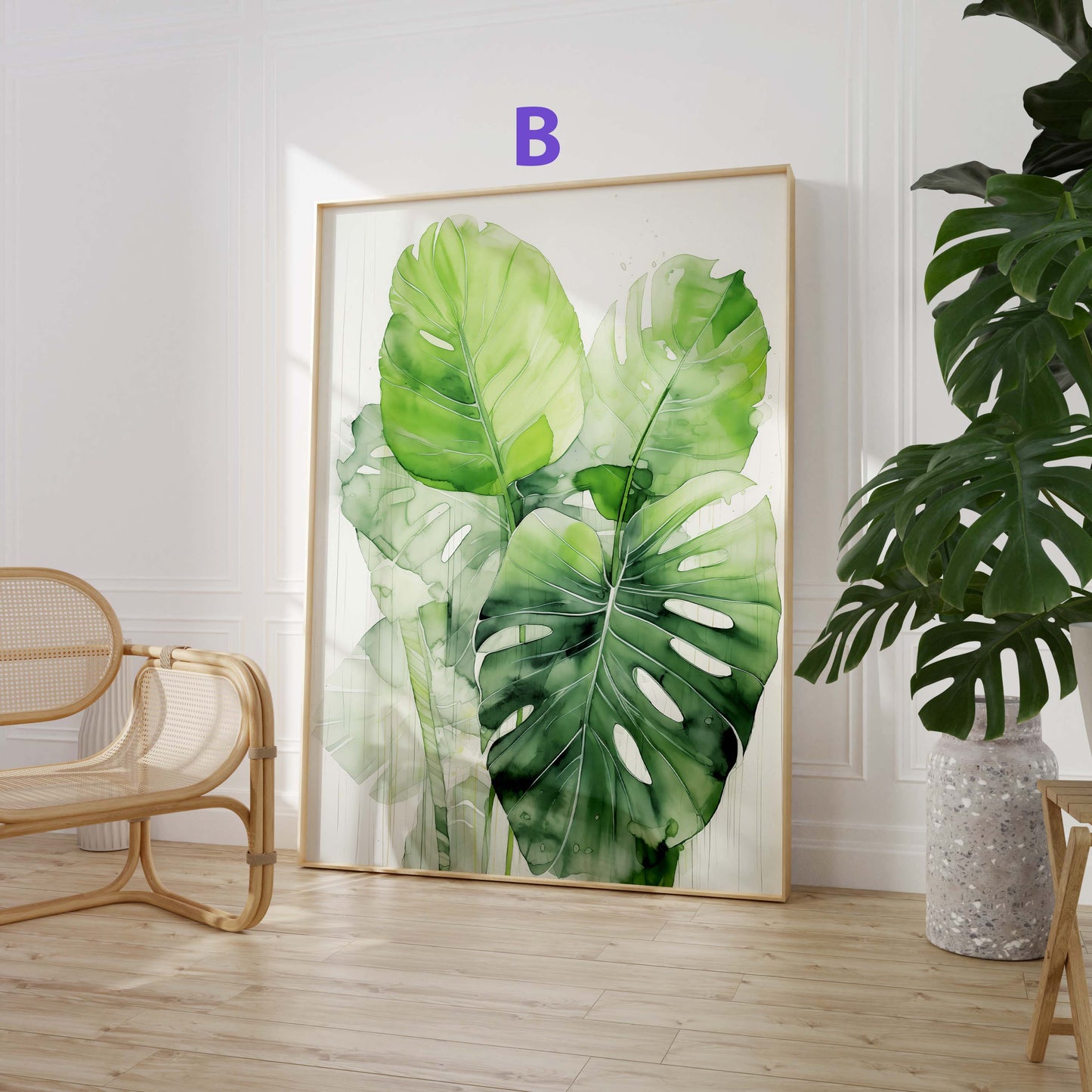 Tropische Pflanzen Poster · Geschenkidee · Aquarell Dschungelblätter und Tiger · Wohnzimmer Dekoprint ohne Rahmen