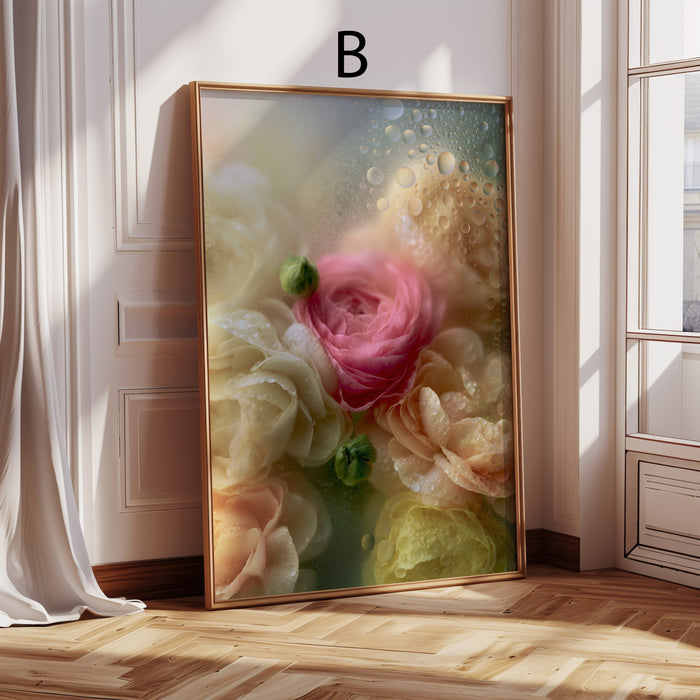Geschenkidee · Rosen und Tulpen hinter Glas Poster Ästhetische Natur Fotografie · Dekoprint ohne Rahmen | JUSTGOODMOOD