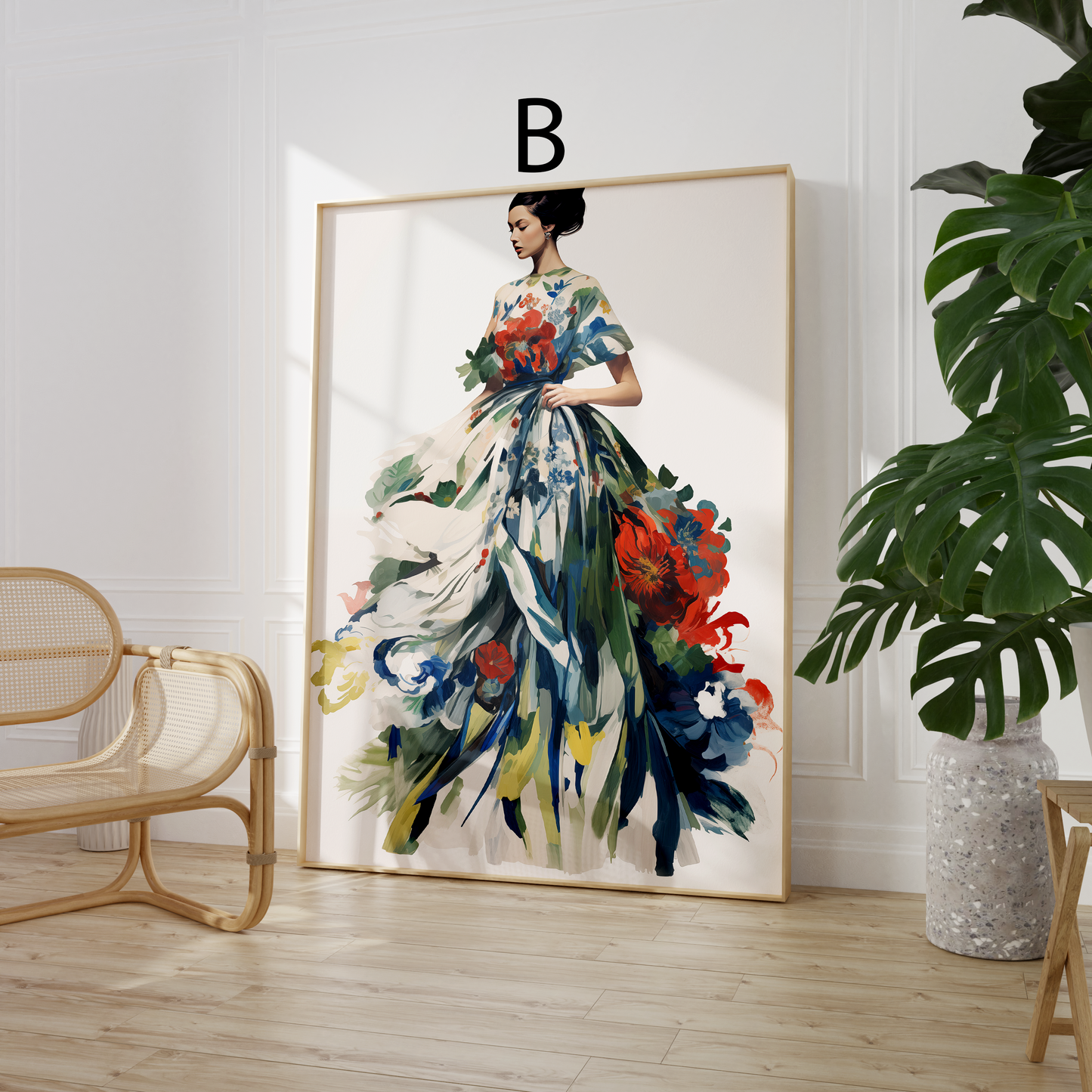 Moderne Kunst Poster · Geschenkidee · Elegante Frau mit Blumenkleid und Farbenfrohe Blumenkunst · Dekoprint ohne Rahmen