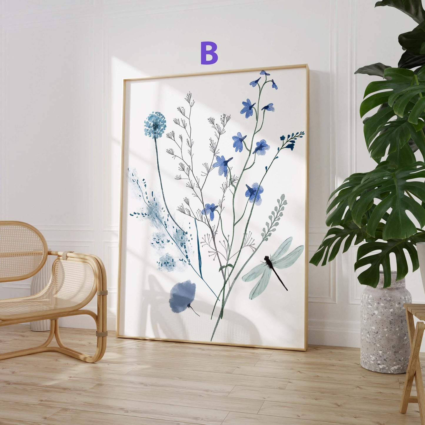 Wildblumen Poster · Geschenkidee · Zarte botanische Blumen mit blauen Blüten und Schmetterlingen · Dekoprint ohne Rahmen