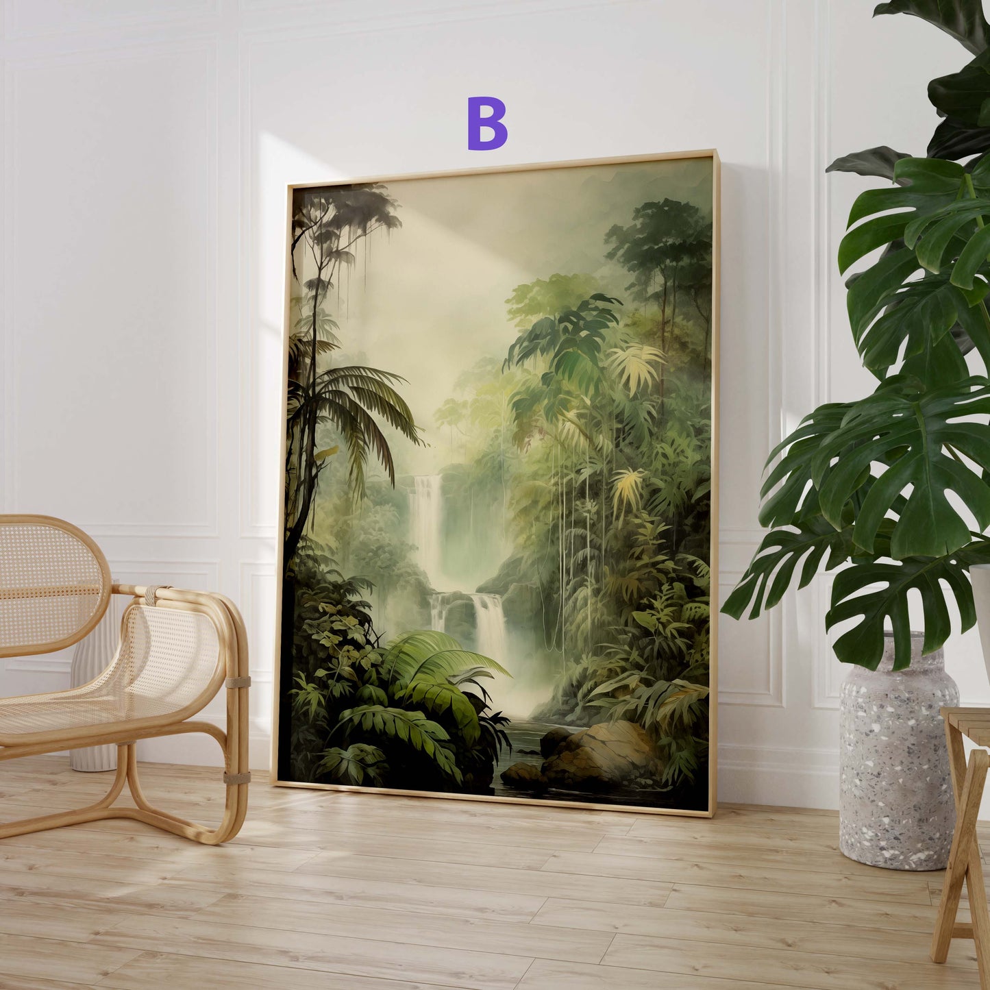 Dschungel Poster · Geschenkidee · Tropischer Regenwald Palmen Papageien und Leopard · Dekoprint ohne Rahmen
