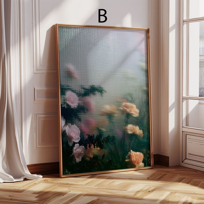 Geschenkidee · Rosen hinter Glas und Wassertropfen Poster Ästhetische Natur Fotografie · Dekoprint ohne Rahmen | JUSTGOODMOOD