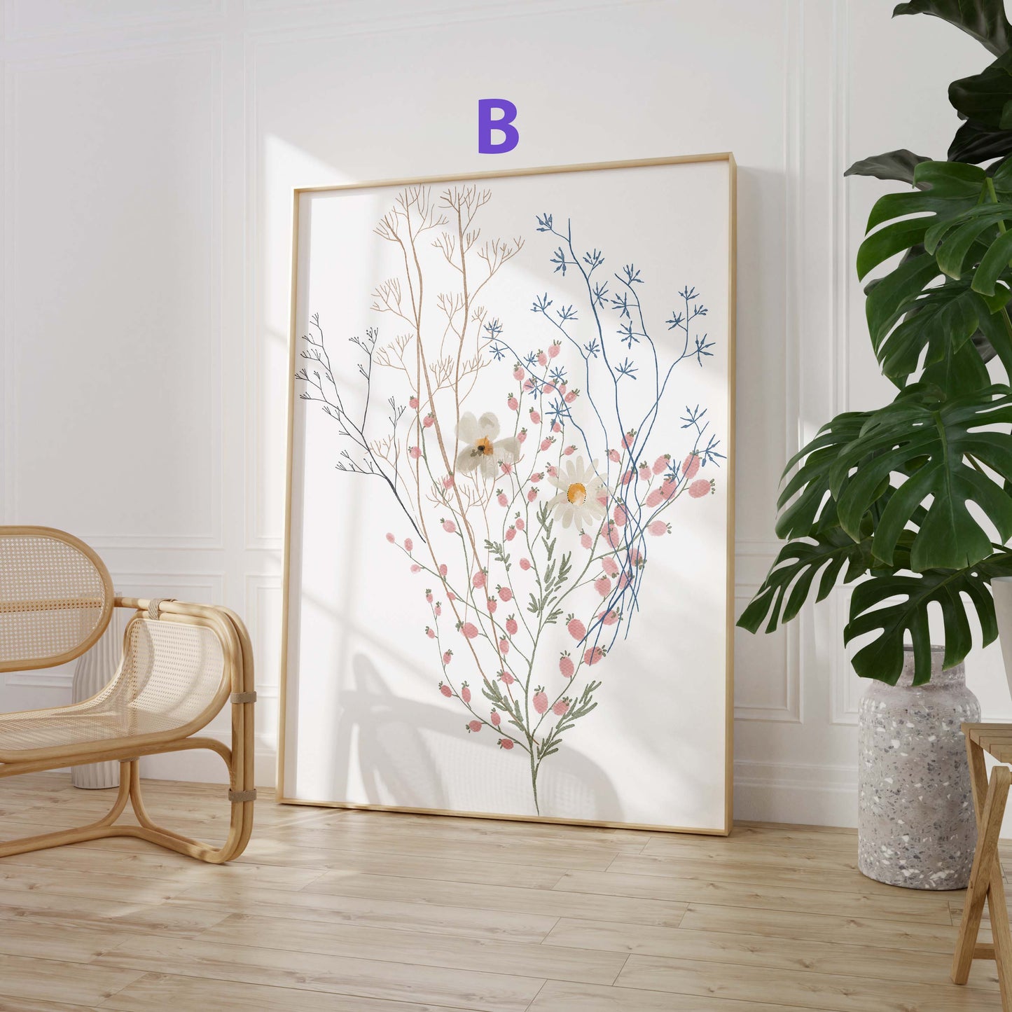 Zarte Blumen Poster · Geschenkidee · Pastellfarbene Wildblumen und botanische Pflanzenillustration · Dekoprint ohne Rahmen