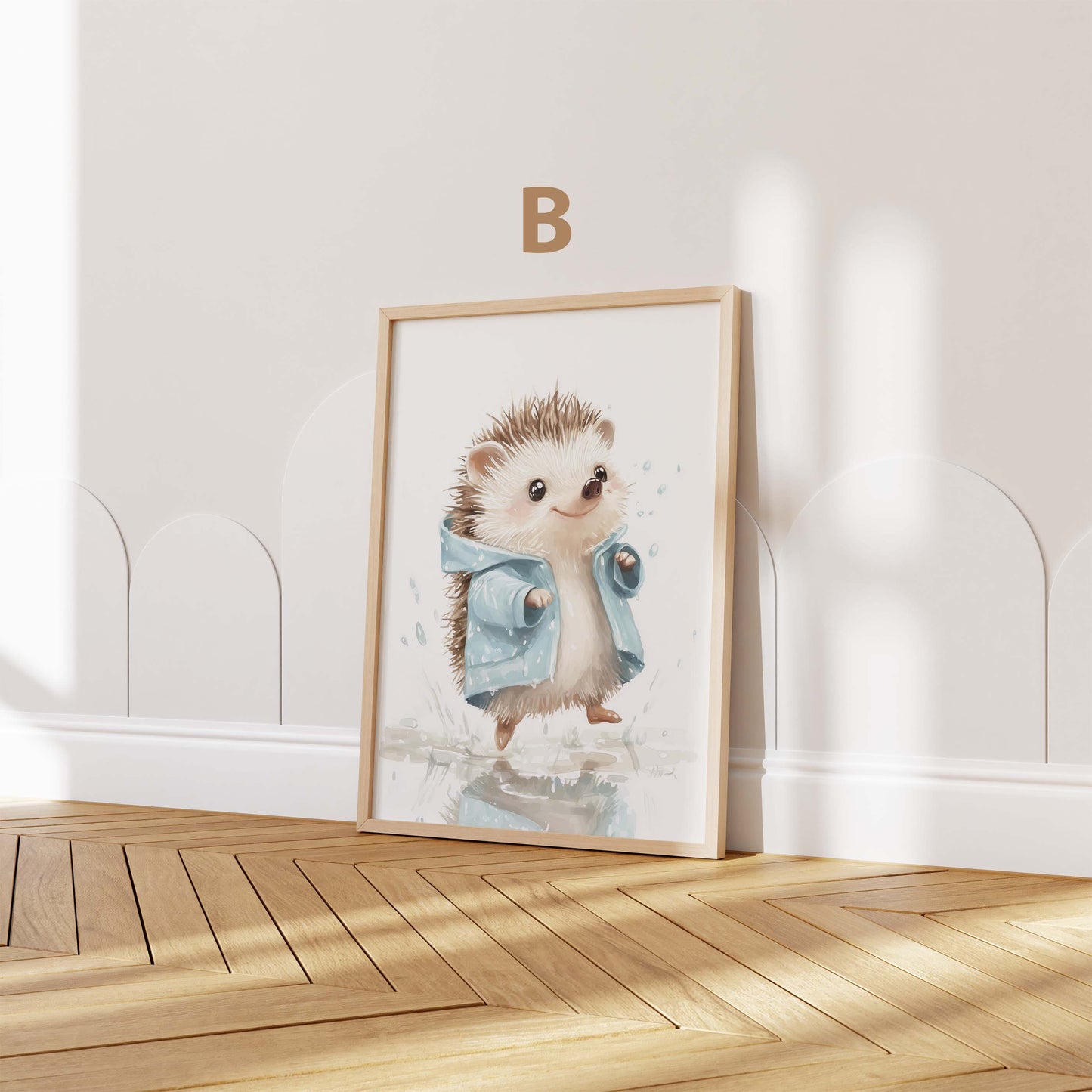 Süße Regenjacke Tier Poster · Geschenkidee · Aquarell Waldtier Illustration mit Regenmantel · Kinderzimmer Wanddeko · Print ohne Rahmen