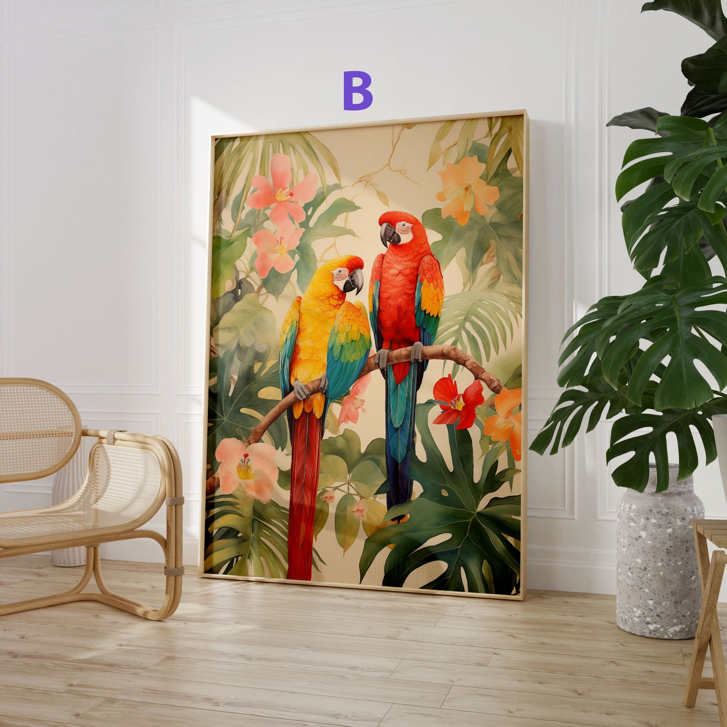 Dschungel Poster · Geschenkidee · Aquarell mit Leopard Papageien Flamingo · Wohnzimmer Deko · Dekoprint ohne Rahmen