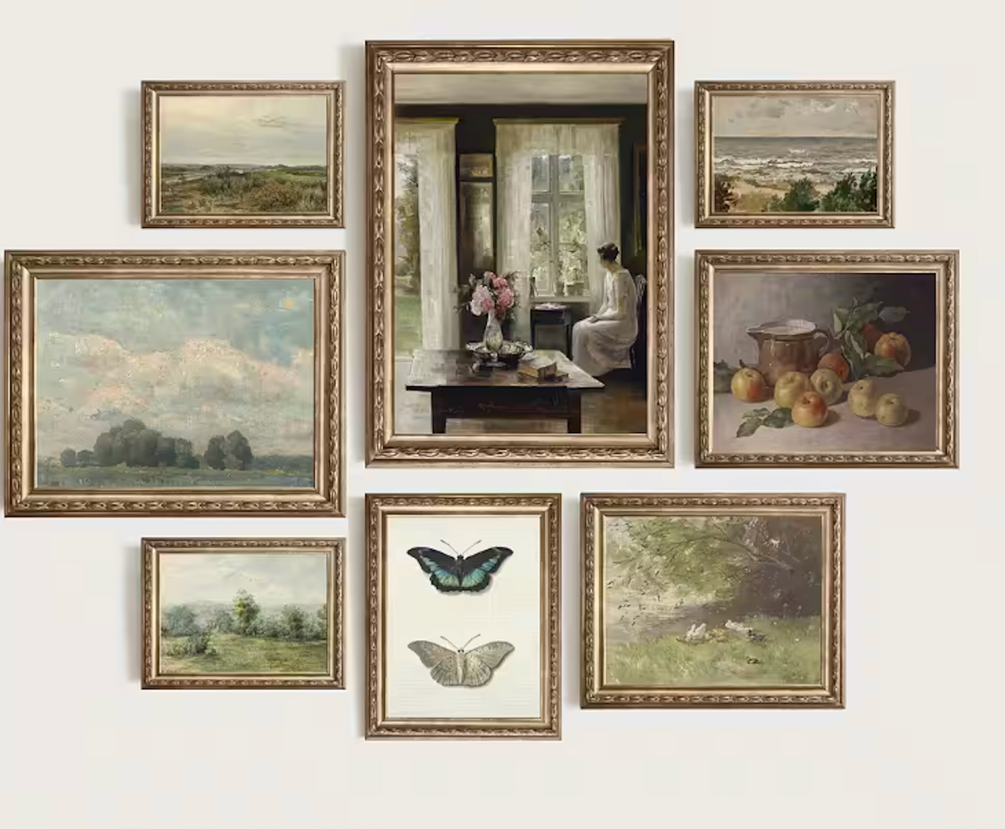 Poster Vintage Frühling Landschaft Blick in den Garten Äpfel und Schmetterlinge als Deko Print ohne Rahmen
