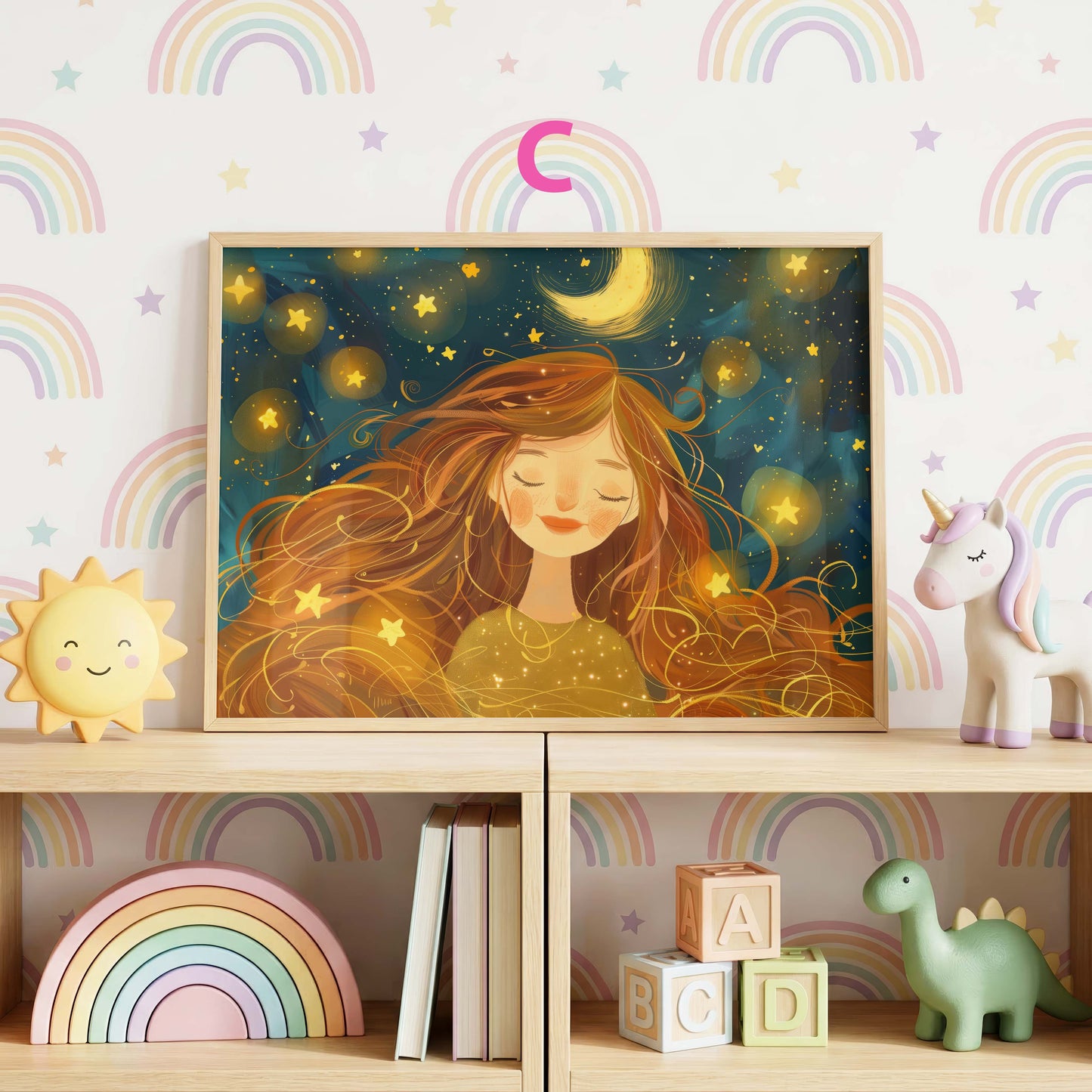 Märchen Mädchen Poster · Geschenkidee · Sternennacht mit Katzen und Blumen · Kinderzimmer Deko · Dekoprint ohne Rahmen