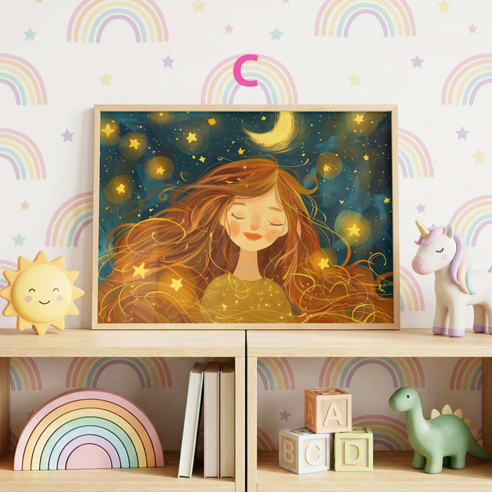 Märchen Mädchen Poster mit Katzen und Sternennacht