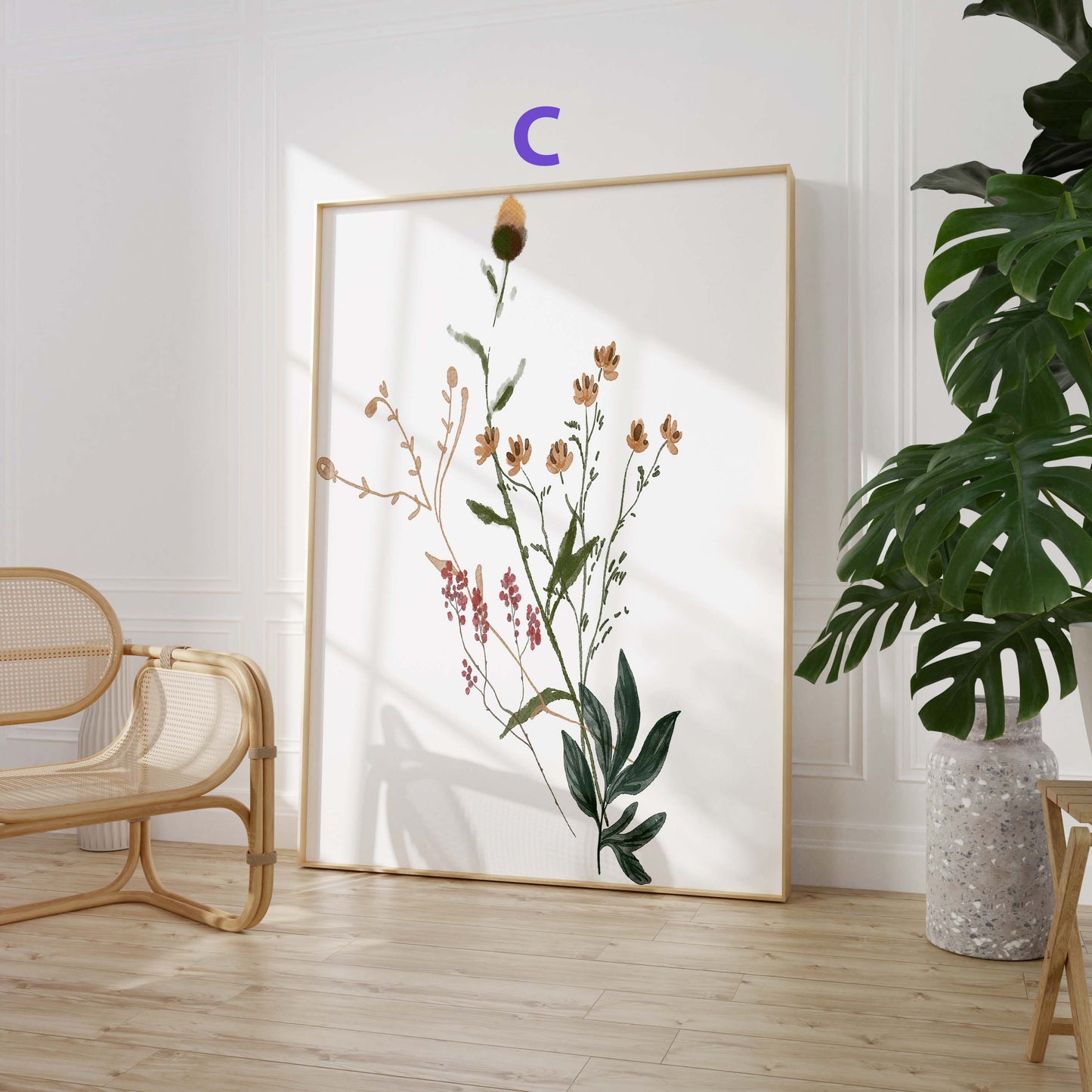 Botanische Wildblumen Poster · Geschenkidee · Zarte Blumenarrangements in Pastellfarben mit Schmetterlingen · Dekoprint ohne Rahmen