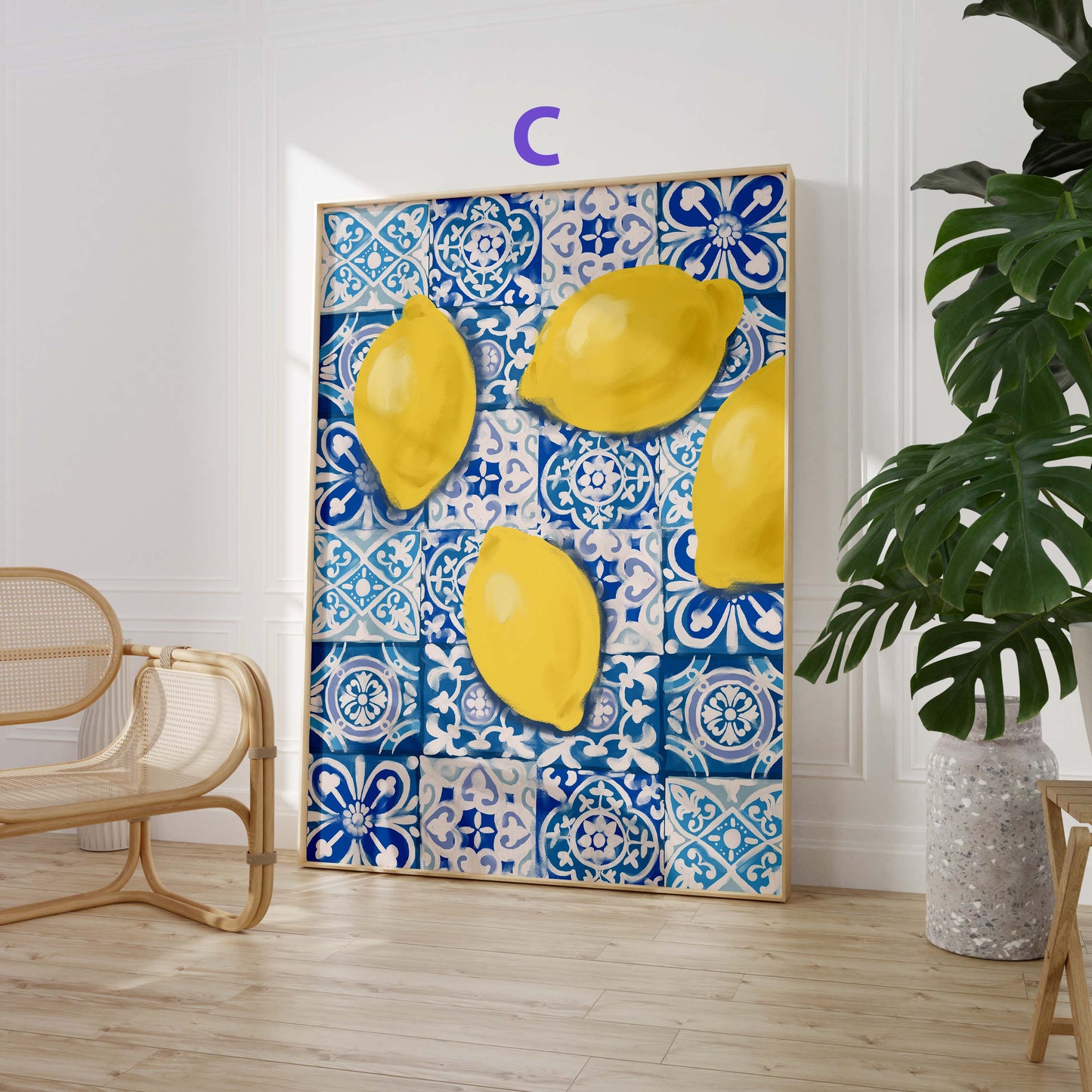 Mediterrane Zitronen Poster · Geschenkidee · Blaue Fliesen, Zitronen und mediterrane Kunst · Dekoprint ohne Rahmen