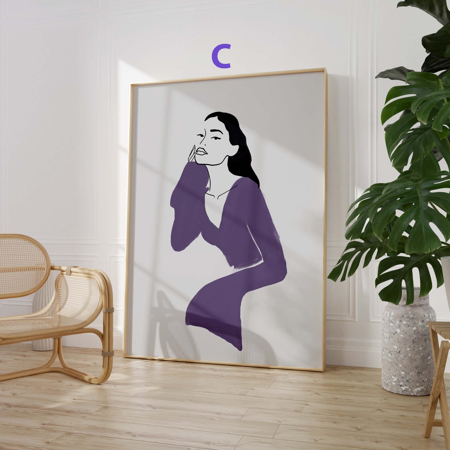 Lila Abstrakte Frauenkunst Poster · Geschenkidee · Moderne Porträts und Schwarz-Weiß Linienkunst · Dekoprint ohne Rahmen