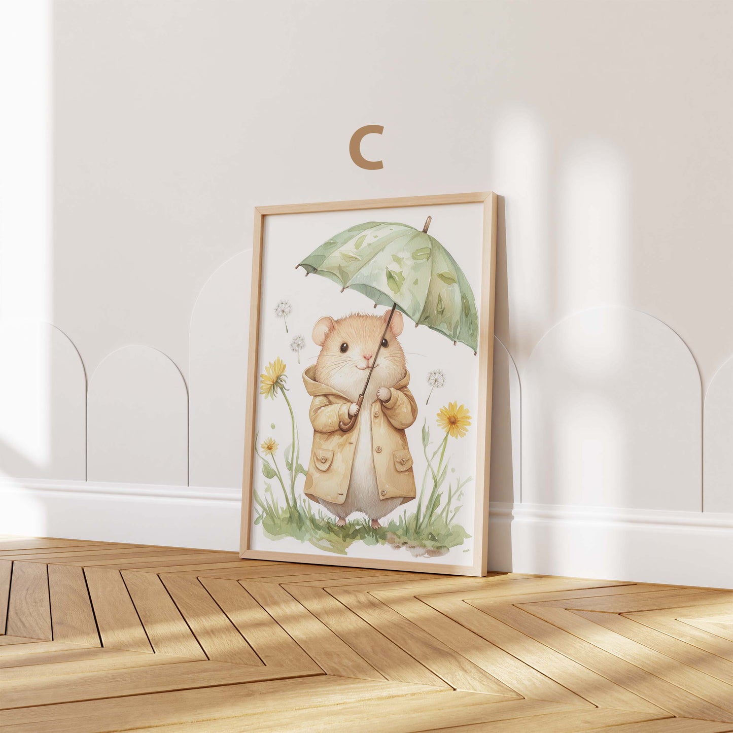 Süßer Regen Tag Tier Poster · Geschenkidee · Aquarell Waldtier Illustration mit Regenschirm · Kinderzimmer Wanddeko · Print ohne Rahmen