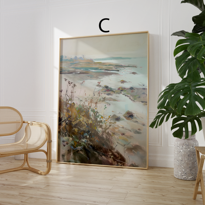 Vintage Poster mit Blumen & Küstenblick