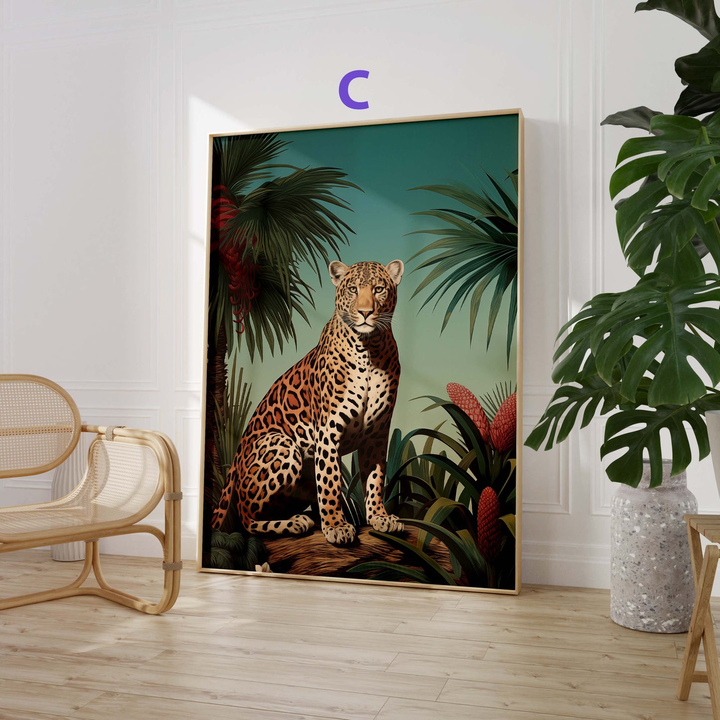 Dschungel Poster · Geschenkidee · Tropischer Regenwald Palmen Papageien und Leopard · Dekoprint ohne Rahmen