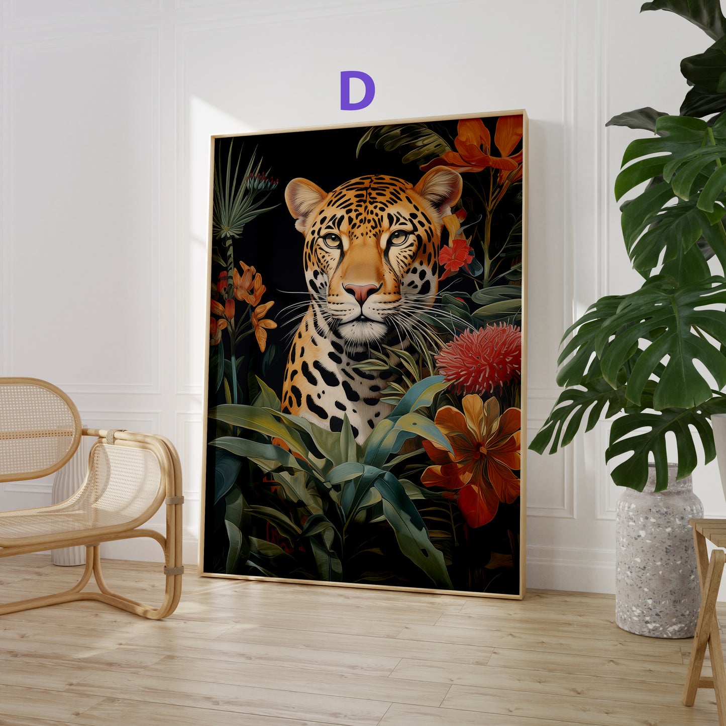 Dschungel Poster · Geschenkidee · Aquarell mit Leopard Papageien Flamingo · Wohnzimmer Deko · Dekoprint ohne Rahmen