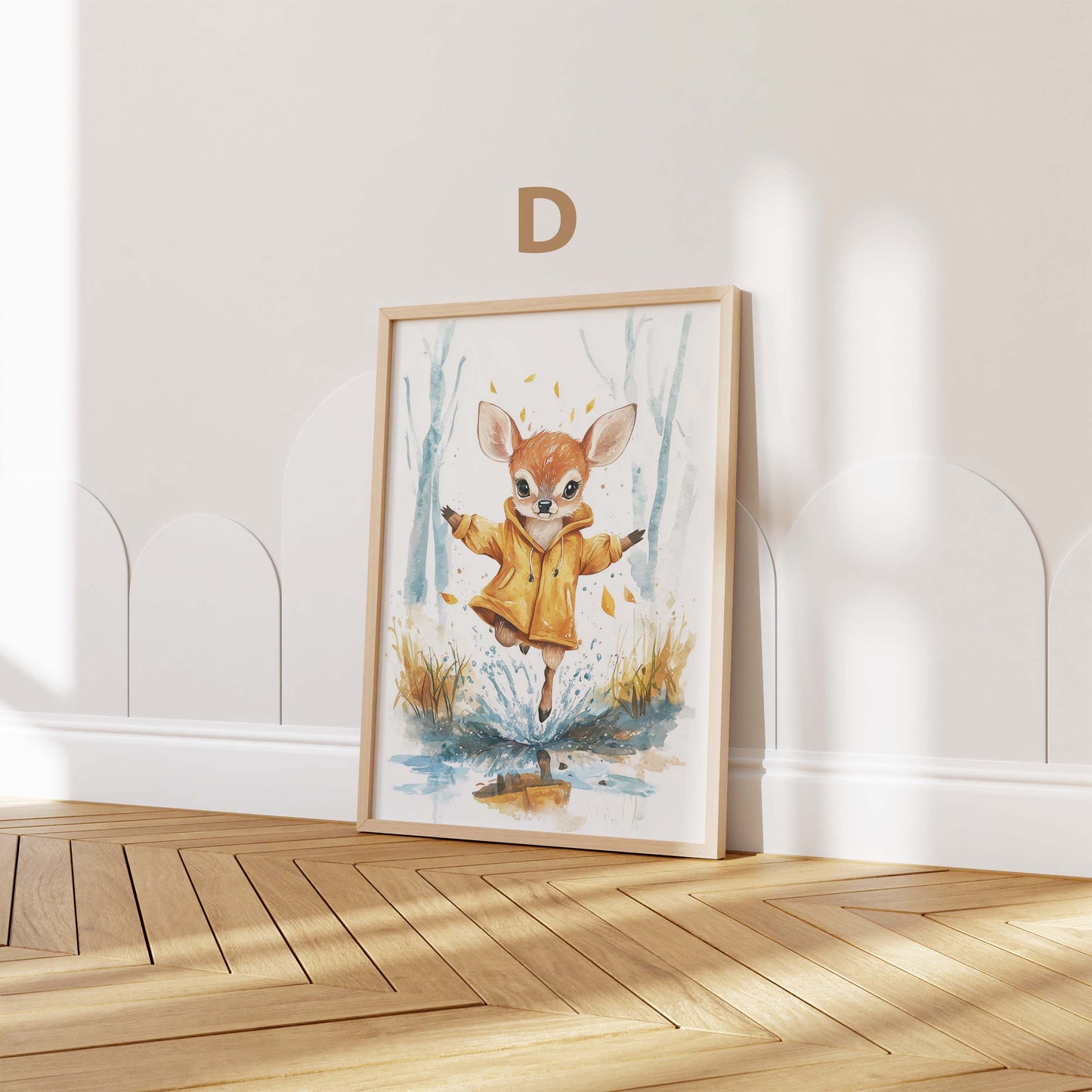 Süßer Regen Tag Tier Poster · Geschenkidee · Aquarell Waldtier Illustration mit Regenschirm · Kinderzimmer Wanddeko · Print ohne Rahmen