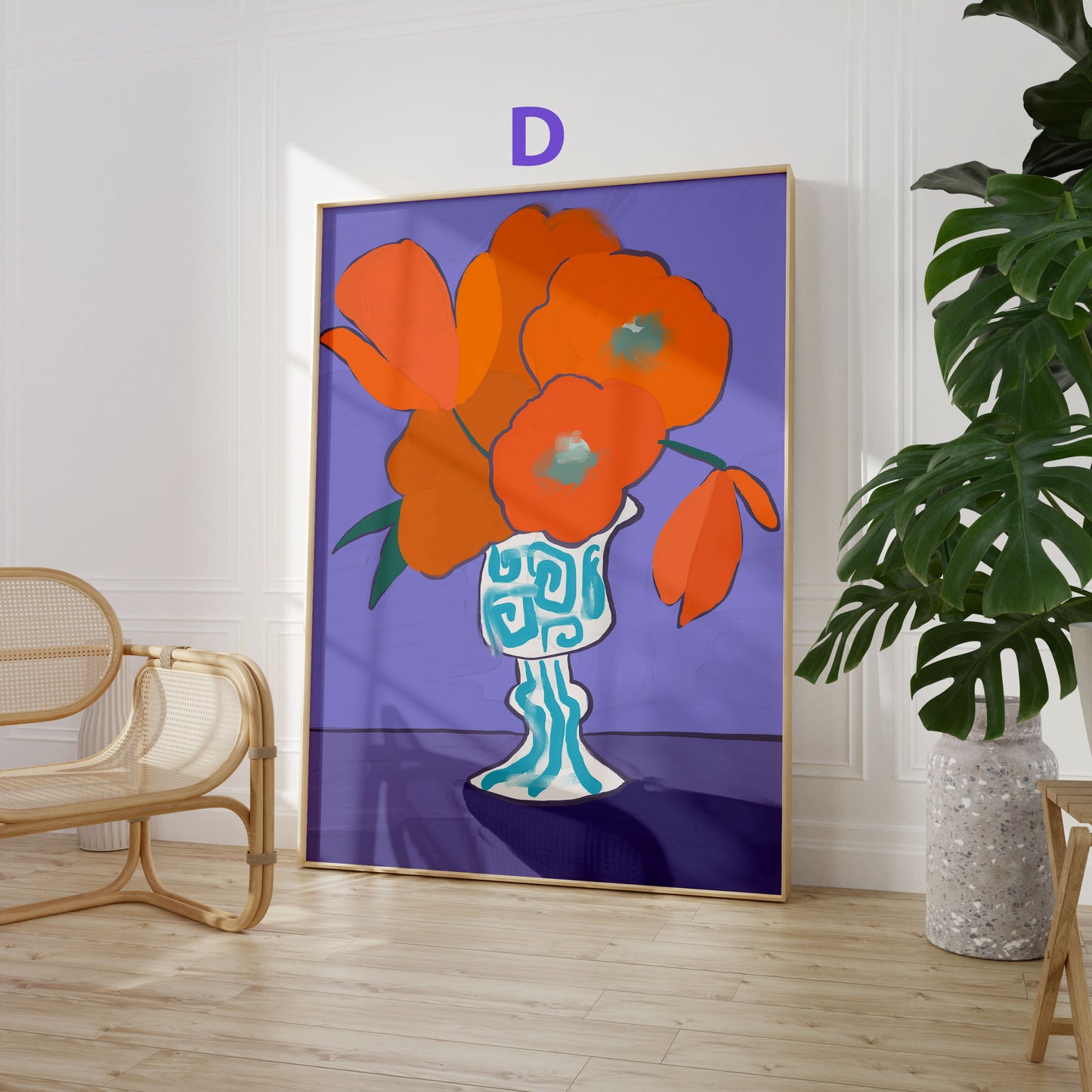 Blumen Poster · Geschenkidee · Bunte Blumenvasen, Stillleben und Abstrakte Wellenkunst · Dekoprint ohne Rahmen