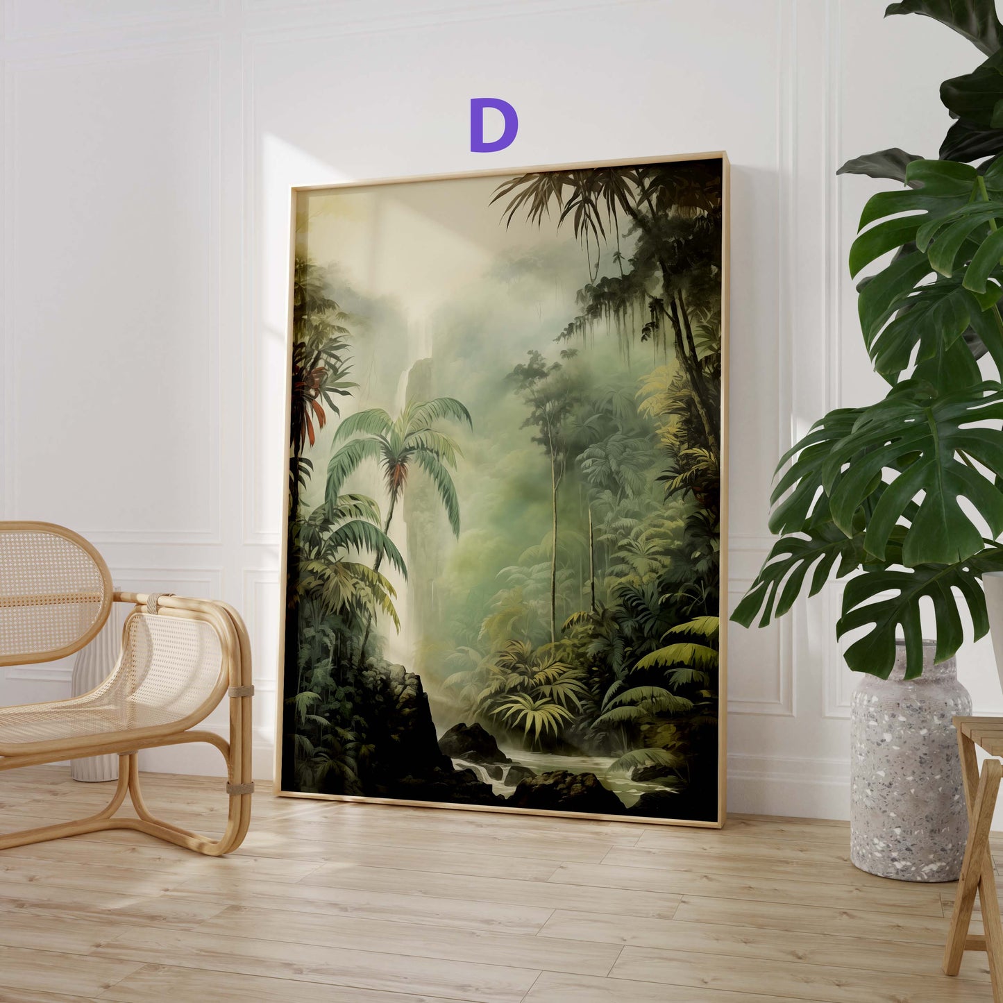 Dschungel Poster · Geschenkidee · Tropischer Regenwald Palmen Papageien und Leopard · Dekoprint ohne Rahmen