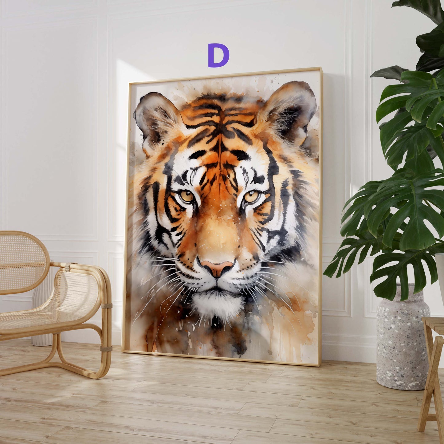 Tropische Pflanzen Poster · Geschenkidee · Aquarell Dschungelblätter und Tiger · Wohnzimmer Dekoprint ohne Rahmen