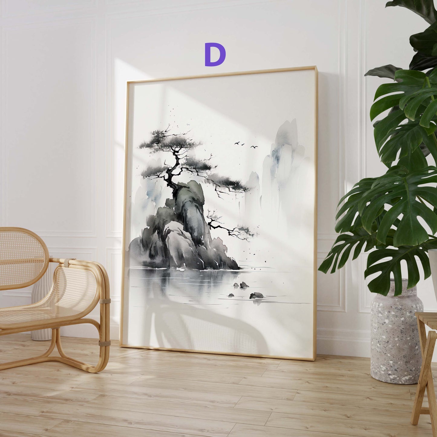 Japan Poster · Geschenkidee · Zen Minimalismus Kalligrafie Geisha und Landschaft · Dekoprint ohne Rahmen