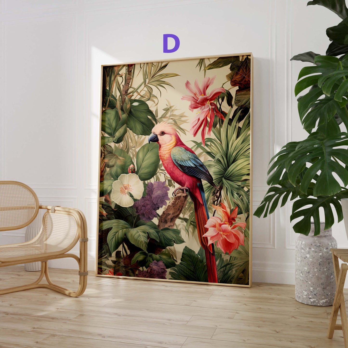 Dschungel Poster · Geschenkidee · Papageien Palmen Botanische Aquarellkunst · Wohnzimmer Dekoprint ohne Rahmen