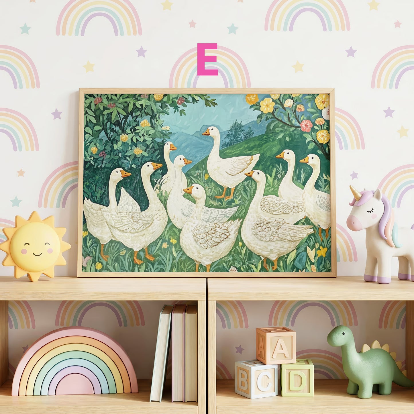 Bauernhof Tiere Poster · Geschenkidee · Landhaus Illustration mit Hase, Schaf und Gans · Kinderzimmer Deko · Dekoprint ohne Rahmen
