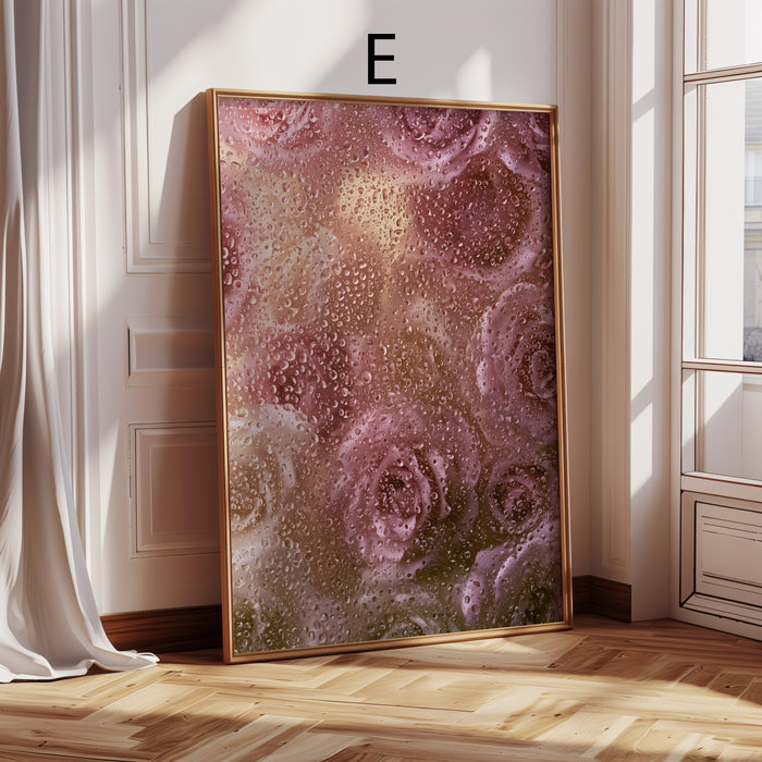 Geschenkidee · Rosen hinter Glas und Wassertropfen Poster Ästhetische Natur Fotografie · Dekoprint ohne Rahmen | JUSTGOODMOOD