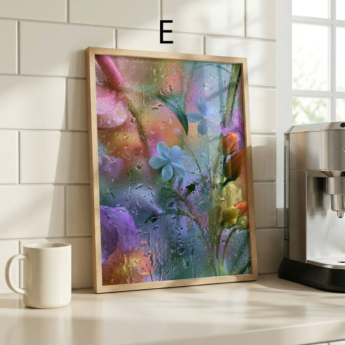 Geschenkidee · Blumen hinter Glas und Wassertropfen Poster Ästhetische Natur Fotografie · Dekoprint ohne Rahmen | JUSTGOODMOOD