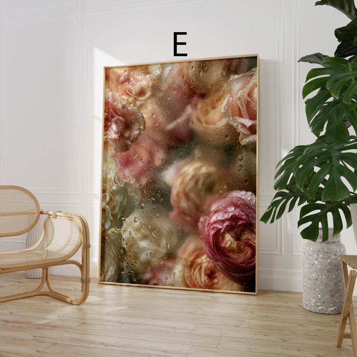 Geschenkidee · Blumen hinter Glas mit Wassertropfen Poster Ästhetische Fotografie Prints · Dekoprint ohne Rahmen | JUSTGOODMOOD