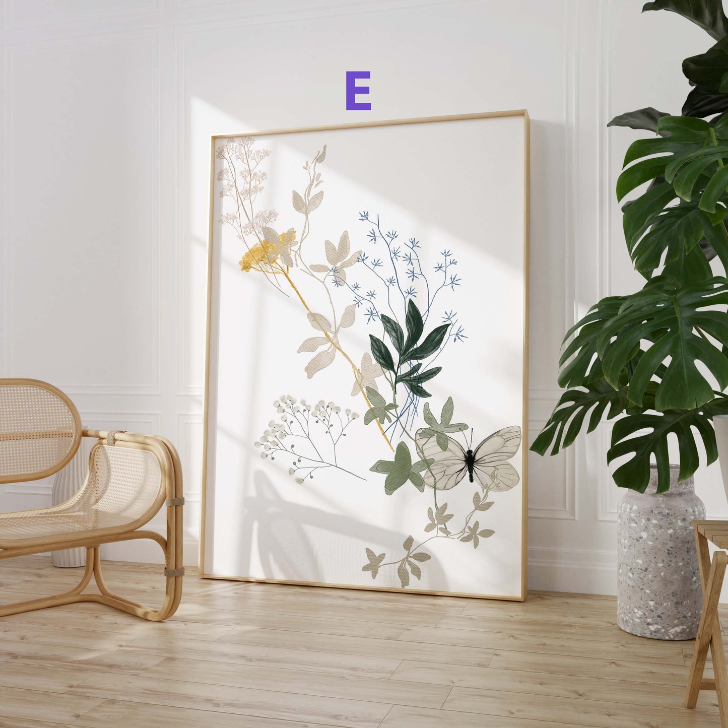 Botanische Wildblumen Poster · Geschenkidee · Zarte Blumenarrangements in Pastellfarben mit Schmetterlingen · Dekoprint ohne Rahmen