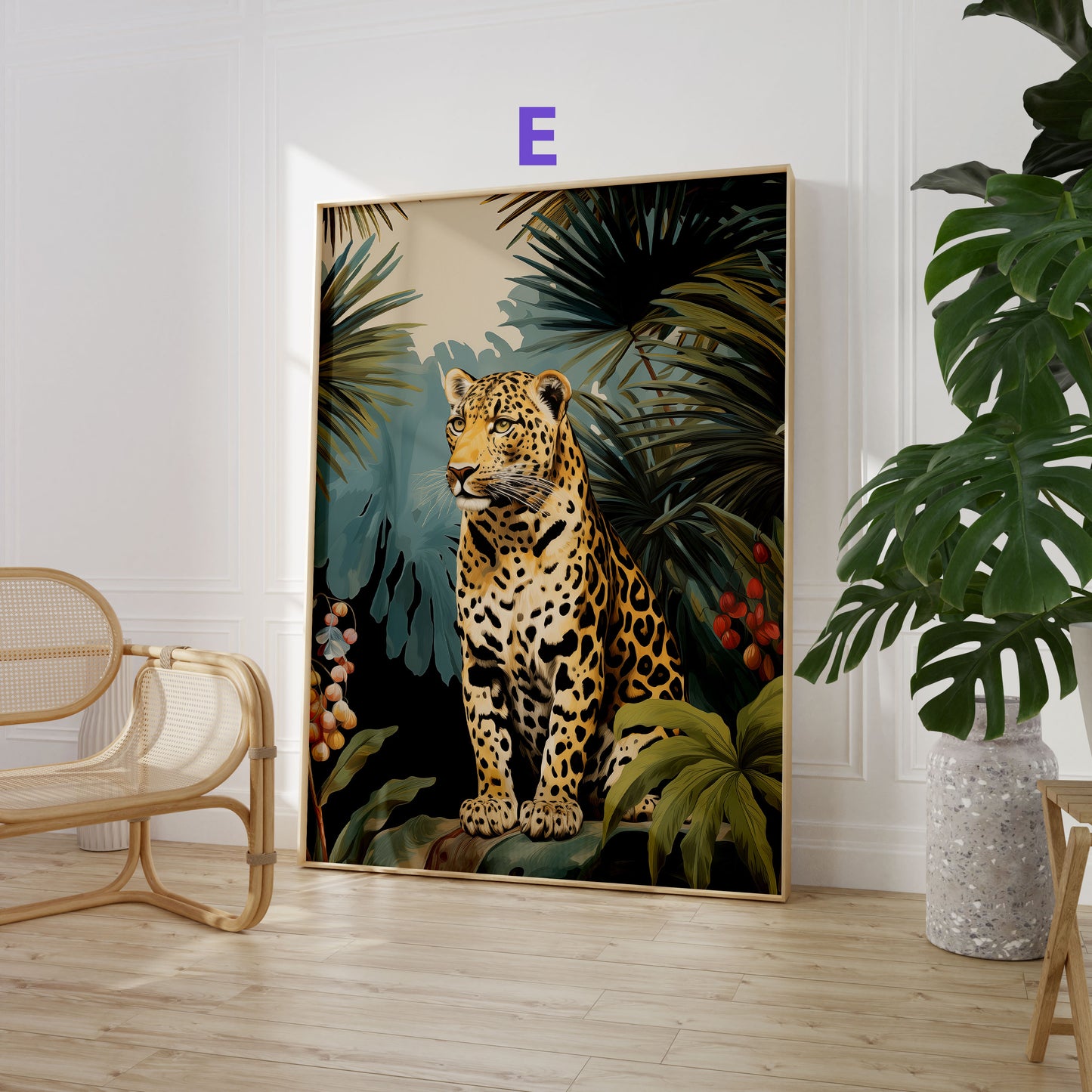 Dschungel Tiere Poster · Geschenkidee · Aquarell mit Leopard, Papagei und Affe · Wohnzimmer Deko · Dekoprint ohne Rahmen