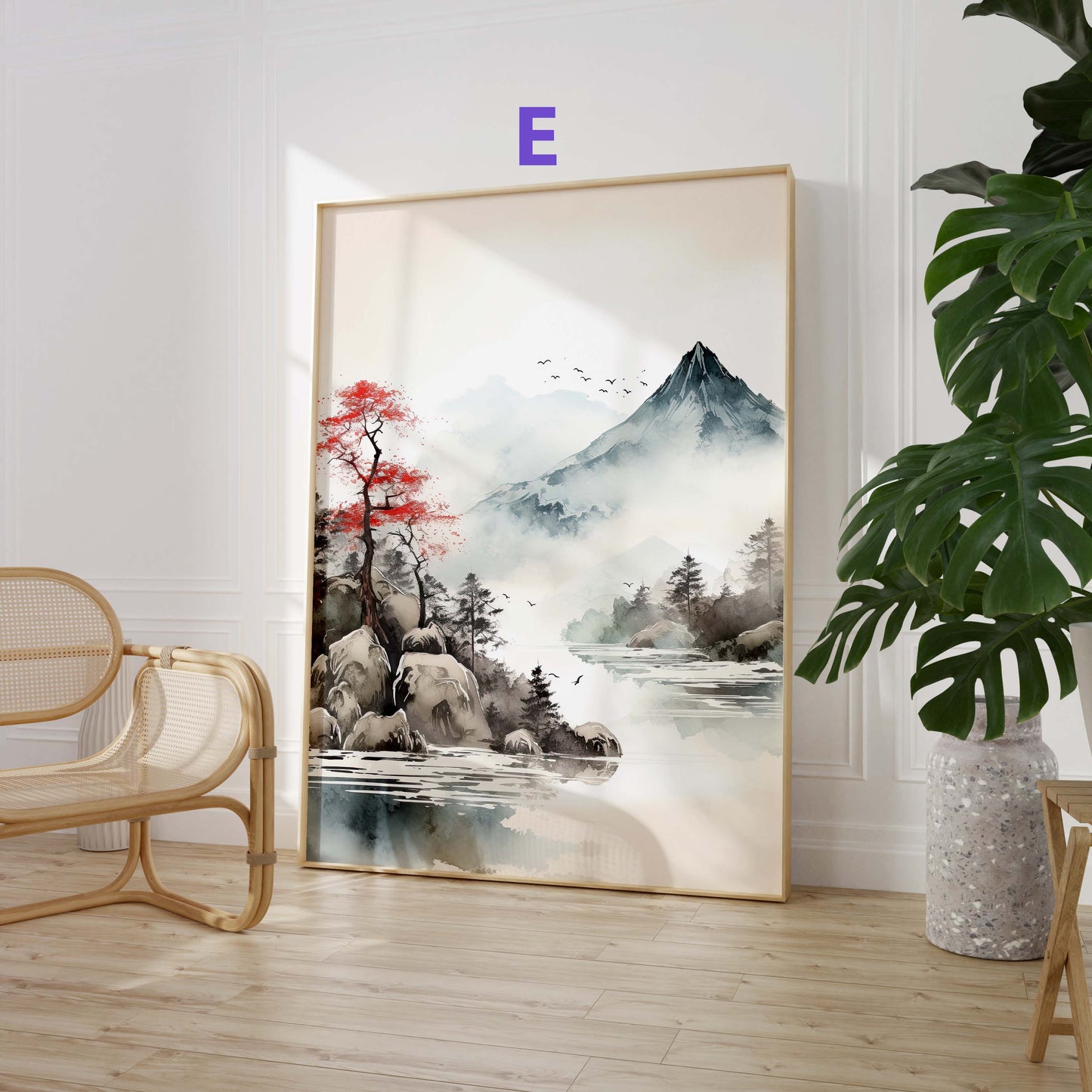 Japan Poster · Geschenkidee · Zen Minimalismus Kalligrafie Geisha und Landschaft · Dekoprint ohne Rahmen