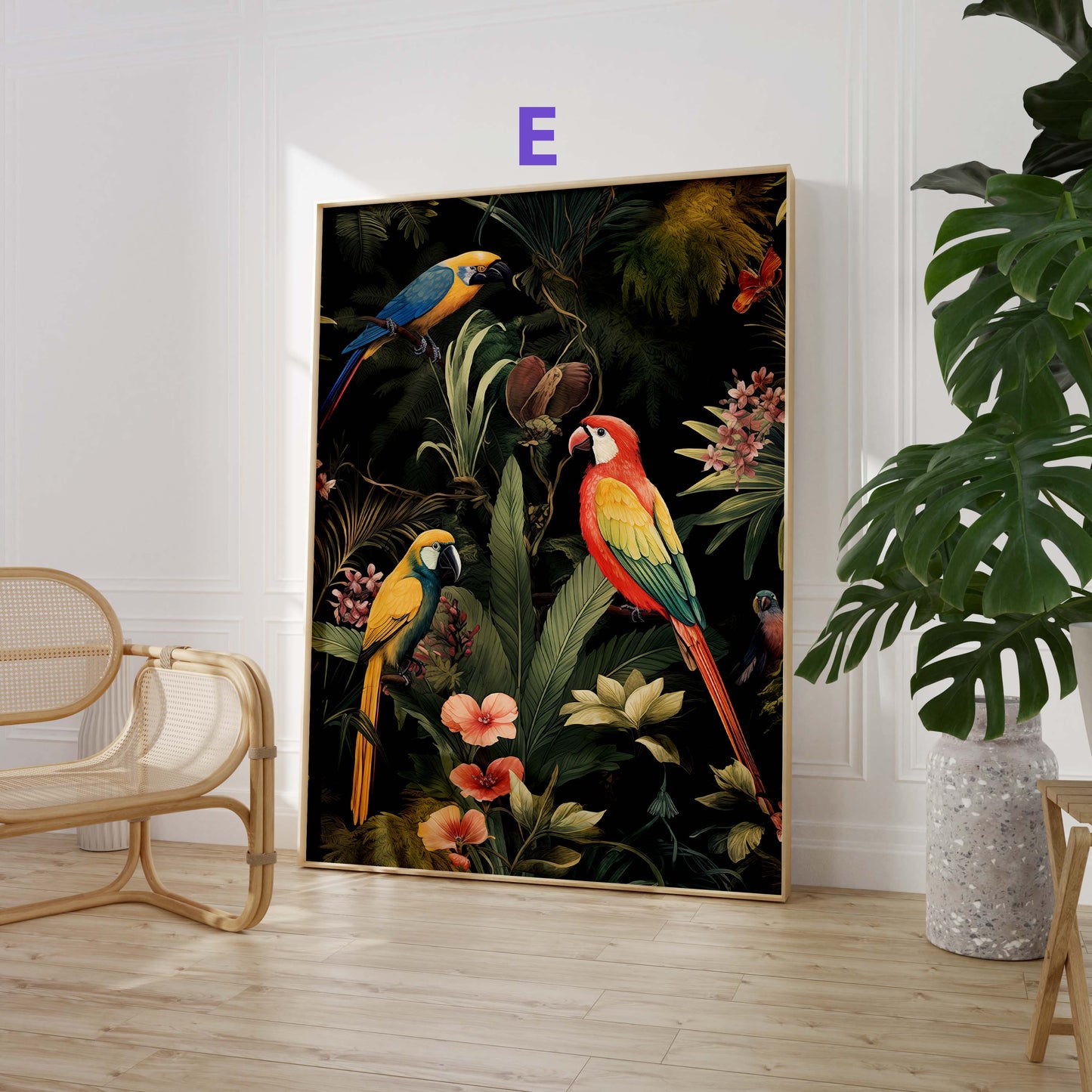 Dschungel Poster · Geschenkidee · Tropischer Regenwald Palmen Papageien und Leopard · Dekoprint ohne Rahmen