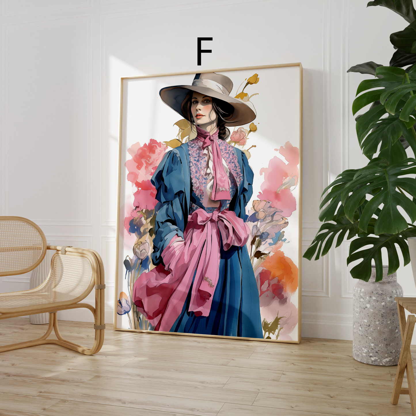 Moderne Kunst Poster · Geschenkidee · Elegante Frau mit Blumenkleid und Farbenfrohe Blumenkunst · Dekoprint ohne Rahmen