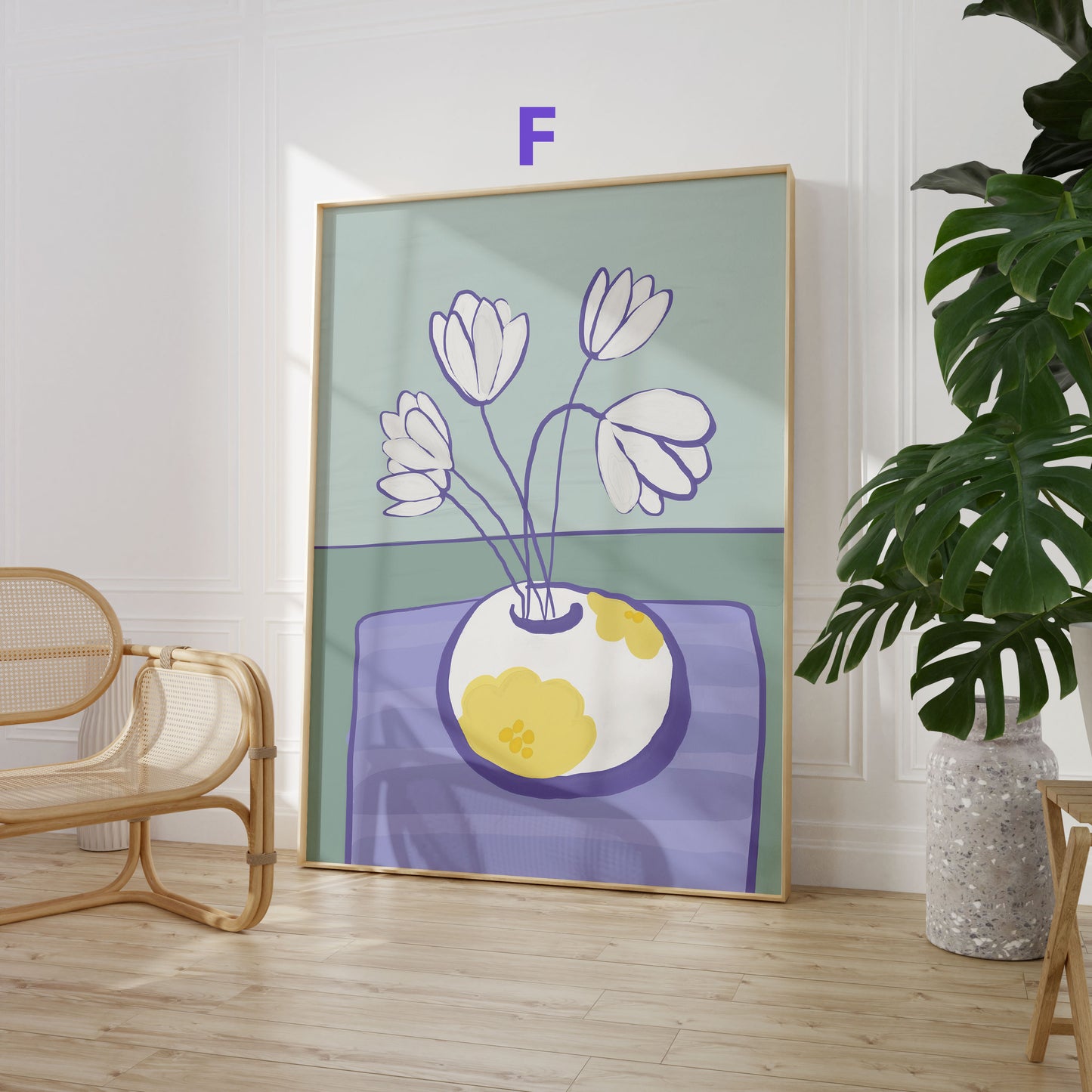 Blumen Poster · Geschenkidee · Bunte Blumenvasen, Stillleben und Abstrakte Wellenkunst · Dekoprint ohne Rahmen