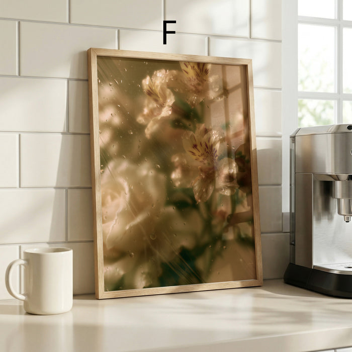 Geschenkidee · Blumen hinter Glas und Wassertropfen Poster Ästhetische Natur Fotografie · Dekoprint ohne Rahmen | JUSTGOODMOOD