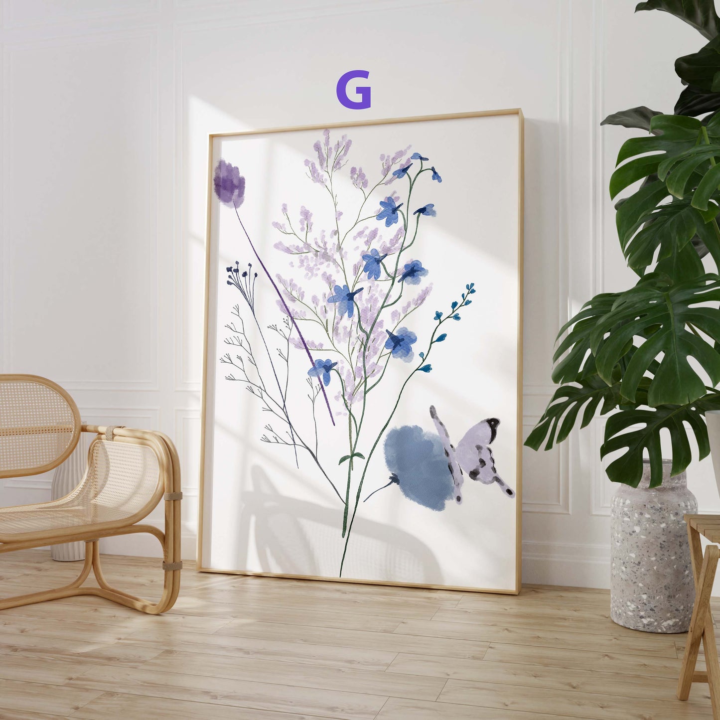 Botanische Wildblumen Poster · Geschenkidee · Zarte Blumenarrangements in Pastellfarben mit Schmetterlingen · Dekoprint ohne Rahmen