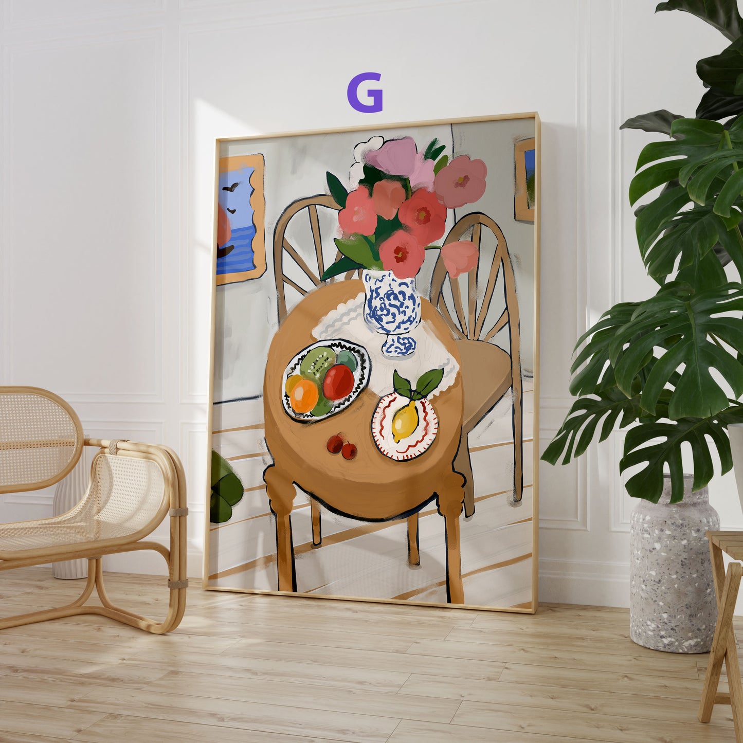 Blumen Poster · Geschenkidee · Bunte Blumenvasen, Stillleben und Abstrakte Wellenkunst · Dekoprint ohne Rahmen