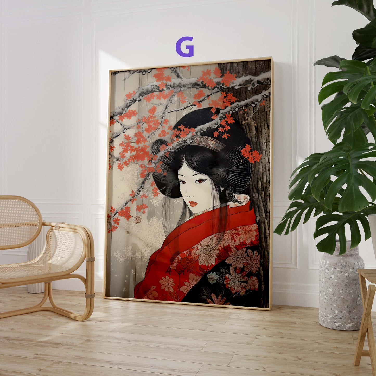 Japan Poster · Geschenkidee · Geisha Kirschblüten Koi und Lotus im Japandi Stil · Dekoprint ohne Rahmen