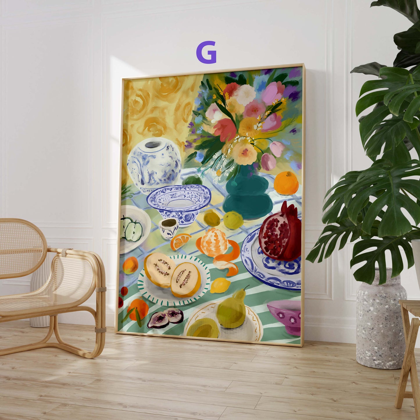 Obst Gemüse Kunst Poster · Geschenkidee · Artischocke, Zitrusfrüchte und Hummer Stillleben · Dekoprint ohne Rahmen