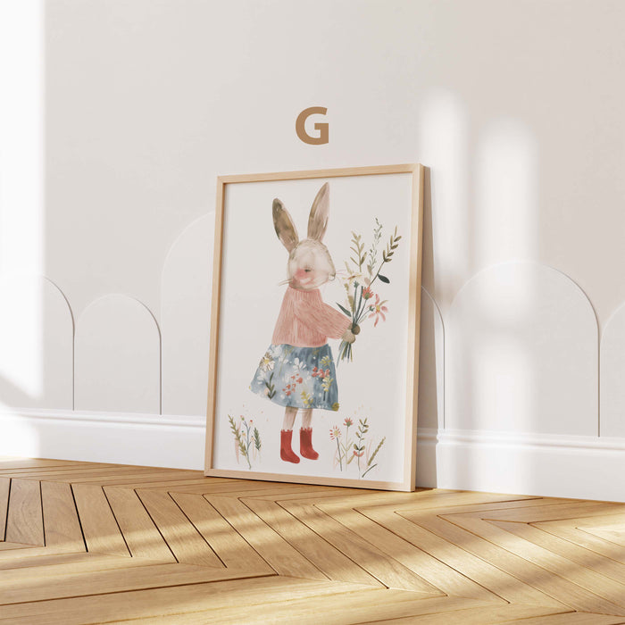 Häschen Poster mit Blumen und Kleidung für Kinderzimmer